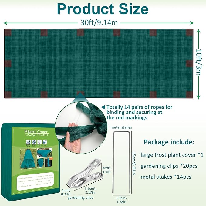 kockuu Plant Sun Protection Cloth, 10ft x 30ft 1.41 oz/yd² Garden Plant Shade Cloth with 20 Stainless Steel Clips from Direct Sunlight, Plant Covers Frost & Sun Protection for Winter and Summer