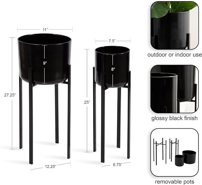 Kate and Laurel Gabi Decorative Two-Piece Metal Planters; Set of 2; Black; Modern Metal Outdoor or Indoor Plant Stands for Use as Living Room Planters or Porch Plant Stands