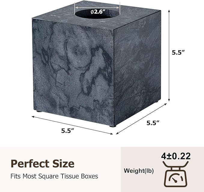 Real Natural Marble Tissue Box Cover, 5.5 Inch Square Marble Tissue Box Holder with Open Bottom, Heavy Stone Decorative Organizer for Bathroom Vanity, Kitchen Countertop, Luxury Home Décor