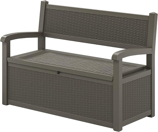 80 Gallon Outdoor Storage Bench, Resin Patio Storage Bench with Armrest, Lockable Deck Boxes Outdoor Waterproof and UV Resistant for Cushions, Garden Tools and Pool Supplies, Dark Grey