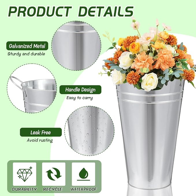 Flower Bucket for Flower Bar, 6 Pcs 10.2 Inch Metal Vases with Handles, Leak-Proof Galvanized French Buckets for Wedding Centerpieces, Farmhouse Party & Rustic Home Decor
