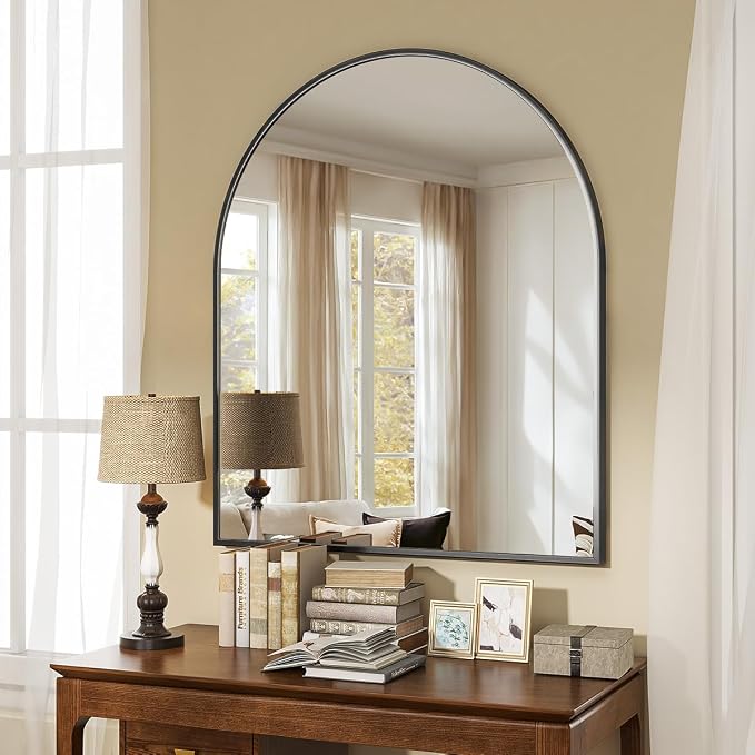 Arched Wall Mirror, 26 x 28 inch Arch Bathroom Mirror, Wall Mounted Vanity Mirror with Arch Metal Frame, Modern Bathroom Vanity Mirror for Bedroom, Living Room, Hanging or Leaning, Black