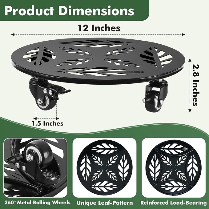 Planterhoma 2 Packs 12 Inch Rolling Plant Stand with Wheels Metal Plant Caddy with Wheels Heavy Duty Plant Rollers with Metal Wheels Round Wrought Iron Plant Stand with Clear Saucers, Glossy Black