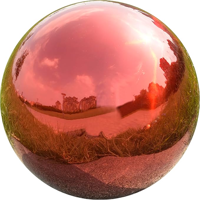 Gazing Ball Garden Mirror Outdoor - 12 Inch Outside Decorative Globe, Red | Metal Polished Reflective Sphere, Stainless Steel Hollow Decoration Ornament for Home Pond Swimming Pool Housewarming Gift
