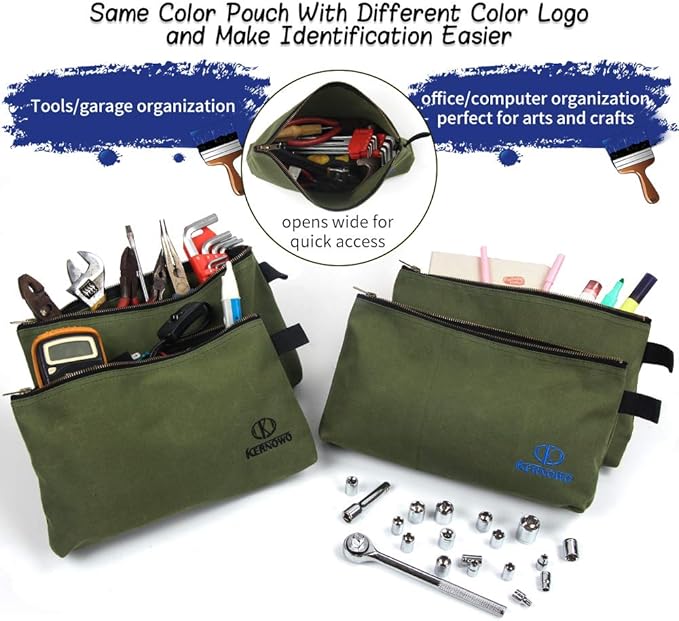 Premium Canvas Tool Pouch Zipper Bag,Small Tool Bag,Multipurpose Storage Pouch(4Pack 12.75x8x2.25 inch 20oz Water Resistant Heavy Duty Army Green Flat Bottom Tool Bag with Brass Zipper)