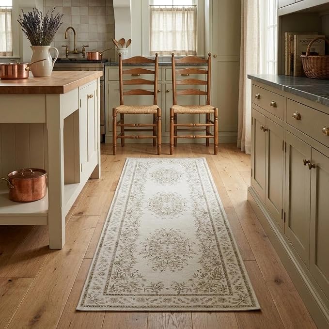 GarveeHome 2x6 Runner Rug for Hallway Vintage Distressed Floral Throw Rug | Machine Washable Leaf and Flower Long Carpets for Laundry Room Non-Slip Low Pile Beige Runners Soft Area Rug for Bedroom