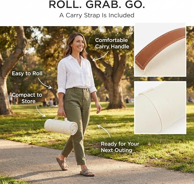 White Picnic Blanket & Beach Mat – Canvas, Machine Washable, Large 4’9” × 6’3”