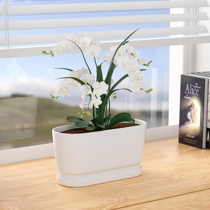 13" Rectangular Ceramic Planter with Drainage and Saucer, White | Indoor Outdoor Use, 13"L x 5.5"W x 6.3"H, Modern Home Decor, Window Box Planter, Matte White