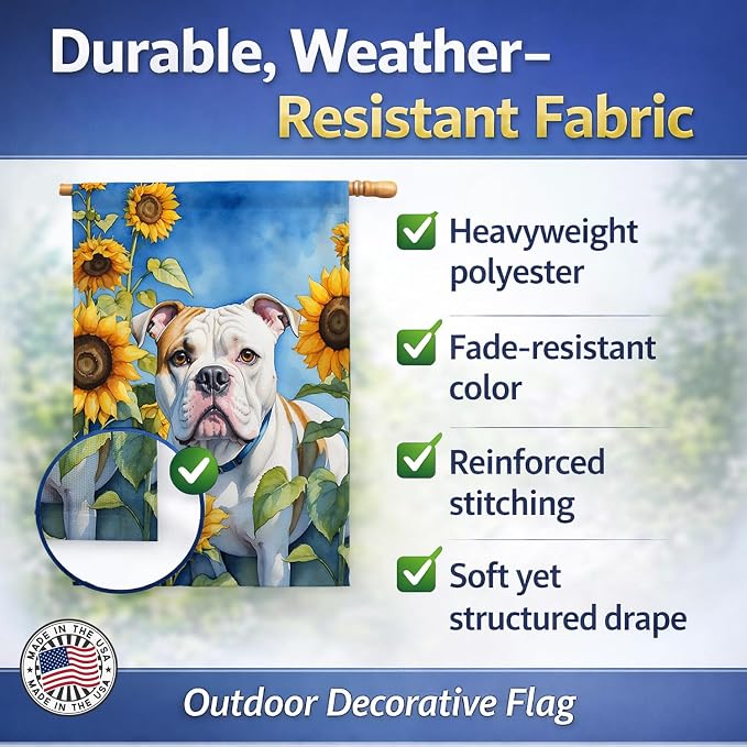 Caroline's Treasures DAC6006CHF American Bulldog in Sunflowers House Flag Large Porch Sleeve Pole Decorative Outside Yard Banner Artwork Wall Hanging, Polyester, House Size, Multicolor