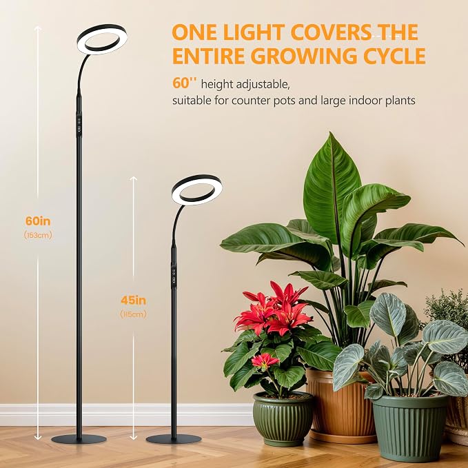 Grow Light Indoor Plants,20wFull Spectrum Lamp,HeightAdjustable Stand | 4/8/12H Auto Timer Setting,10 Dimmable Brightness Levels, 96LEDs Sunlike Floor Grow Lamp for Small to Tall Houseplants Growth