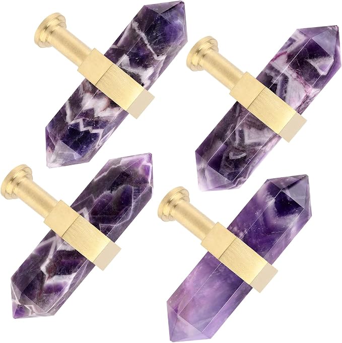 mookaitedecor Set of 2 Amethyst Double Crystal Points Drawer Knobs with Screws, Decorative Stone Cabinet Handle Pulls for Dresser Cupboard Kitchen Decor, Brushed Brass