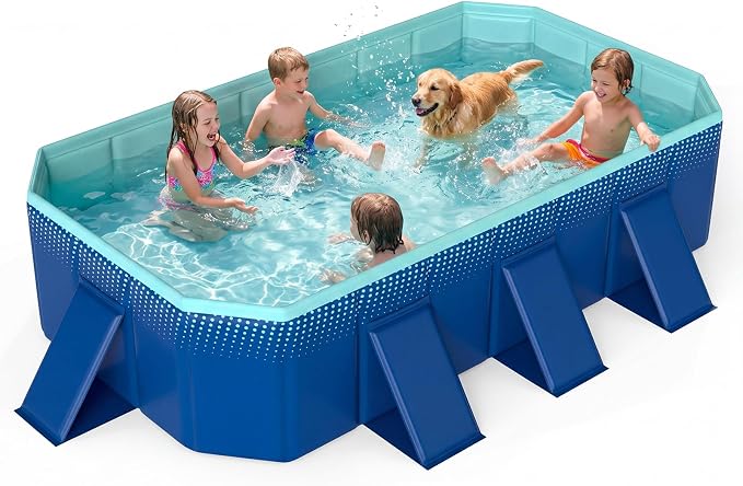 Goplus Foldable Non-Inflatable Swimming Pool, Portable Rectangle Around Ground Pool with 24 Hard Shell, Drain Hose, Outdoor Collapsible Kiddie Pool for Backyard Garden (Navy+Green,99x52 in)
