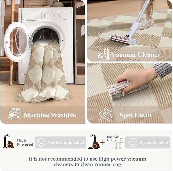 Beeiva Checkered Print Rug Runners for Hallways Non Slip 2.5x8, Ultra Thin Beige Kitchen Runner Rugs Non Skid Washable, Classic Neutral Gingham Decor Faux Wool Carpet for Bathroom Bedroom Entryway