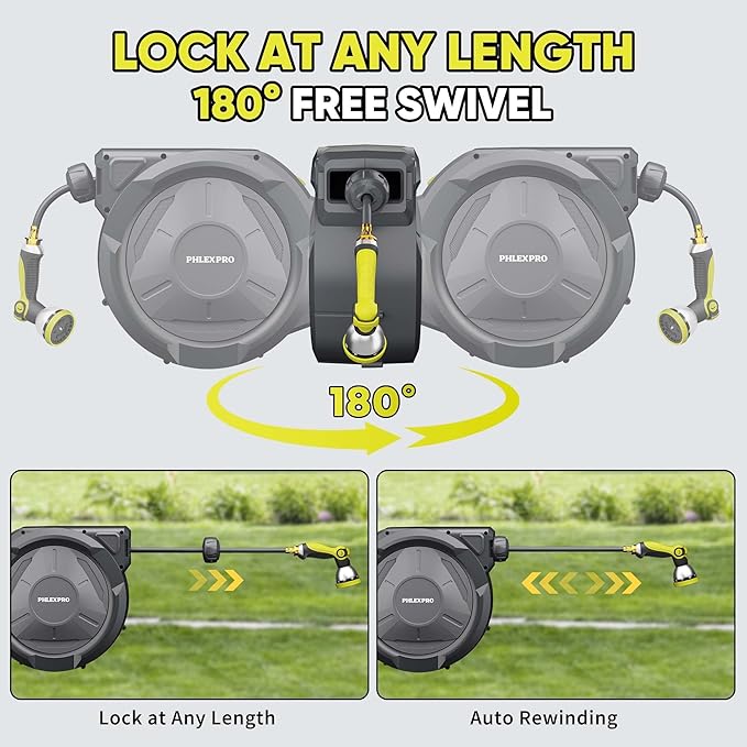 115FT x 5/8" Retractable Garden Hose Reel - PHLEXPRO Heavy Duty Hose Reel Wall Mount 3/4" Brass Fitting 10 Pattern Nozzle, Any Length Lock Automatic Slow Retraction 180° Swivel, UV Resistant