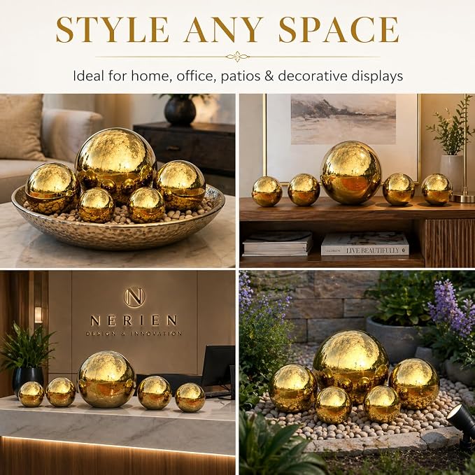 Gazing Ball Garden Mirror Outdoor - Outside Decorative Globe, Gold, 5Pcs | Metal Polished Reflective Sphere, Stainless Steel Hollow Decoration Ornament for Home Pond Swimming Pool Housewarming Gift