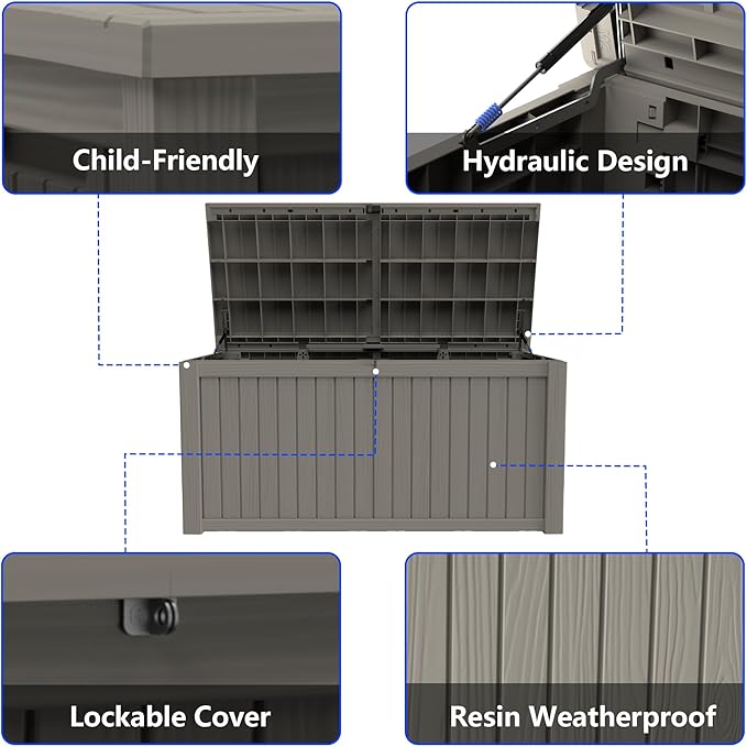 270 Gallon Outdoor Storage Box Resin Deck Box All Weather Waterproof Large Lockable Storage Container Deck Box for Patio Furniture, Garden Tools, Lockable, Gray New