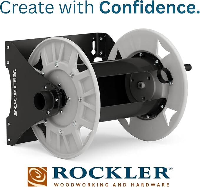 Rockler Shop Vacuum Hose Reel - Holds 40' of 1-1/2'' Vacuum Hose Extension Reel w/Steel Frame - Adjustable Tension Knob, Wall Mount Vacuum Hose Reel - Easy Installation Dust Collector Accessories