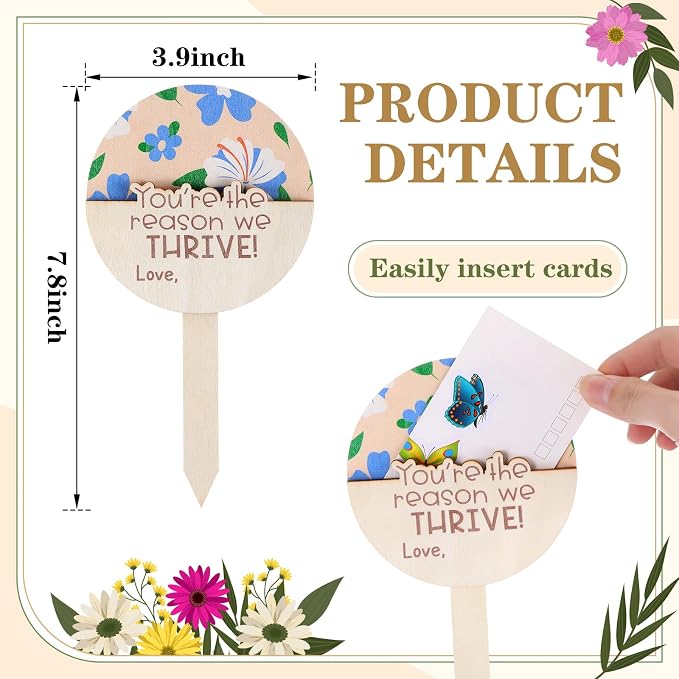 Fumete 24 Pcs Teacher Appreciation Gifts Wooden Teachers Plant Stakes Labels Thank You Gift Card Holder Bulk Decorative Plant Tags Sign Thank You Gifts for Teacher's Day Garden Supplies