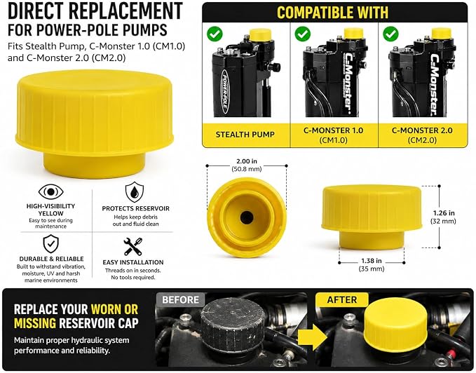 A.A Pump Reservoir Cap Replacement for Power-Pole Hydraulic Fluid Reservoir Tank - High-Visibility Yellow - Power Pole Stealth Pump, C-Monster 1.0 (CM1.0) Pump, C-Monster 2.0 (CM2.0) Pump
