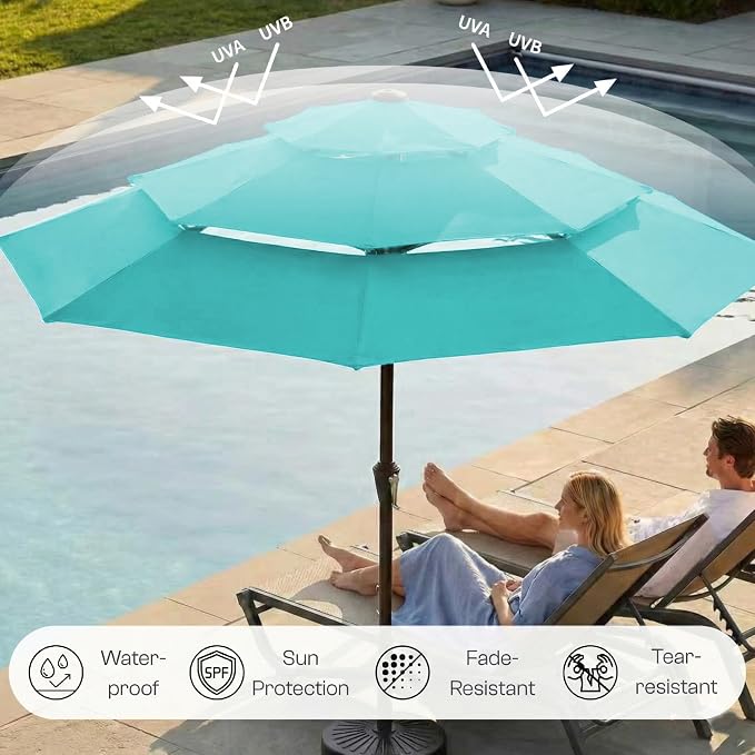 10ft 3-Tier Patio Umbrella with 32 Solar Powered LED Lights, Windproof Outdoor Market Umbrella for Deck, Poolside & Garden, Sturdy Push-Button Tilt Table Umbrella, Aqua Blue