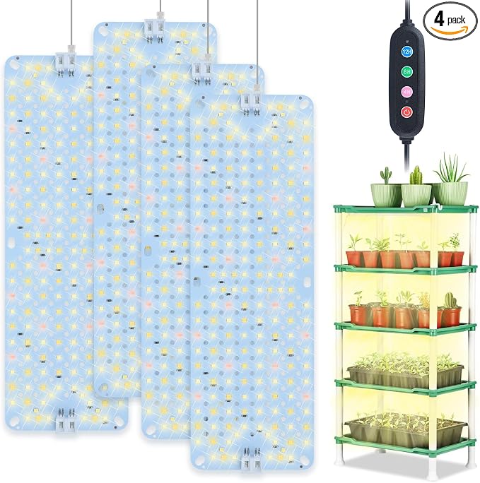 4Pack Panel Grow Lights for Indoor Plants, Seed Starting, Vegetables with 4/8/12/16/20 Hr Timer, 40W Full Spectrum LED Plant Growing Lamps for Cabinet/Shelves/Greenhouse, Plug-and-Play, Connect Freely