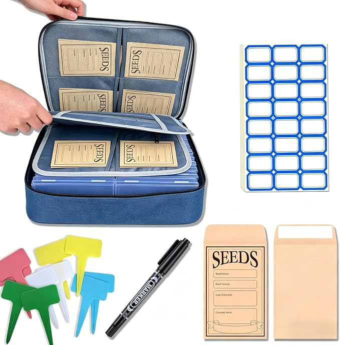 Seed Storage Organizer Kit, Seed Packet Organizer, Blue | Moisture-proof, Come with Clear Storage Organizer Boxes, envelopes, Labels, Portable gift for Gardeners, Hobbyists