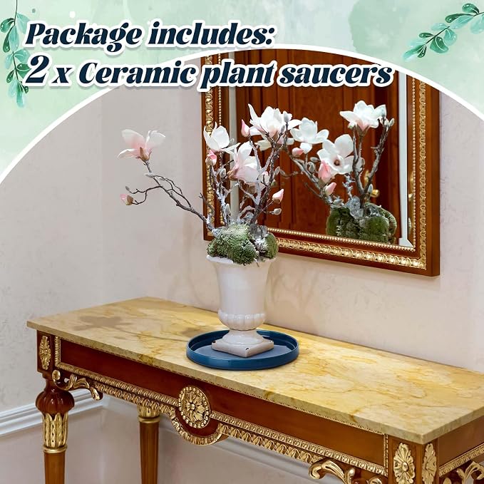 2 Pcs 10 Inch Ceramic Plant Saucer Outdoor Indoor Plant Tray Round Flower Pot Drip Trays Blue Flower Drainage Glazed Pots Base for Holding Water Drips and Soil