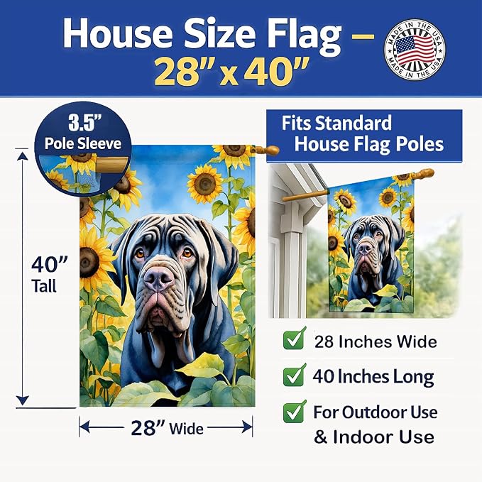 Caroline's Treasures DAC6122CHF Neapolitan Mastiff in Sunflowers House Flag Large Porch Sleeve Pole Decorative Outside Yard Banner Artwork Wall Hanging, Polyester, House Size, Multicolor