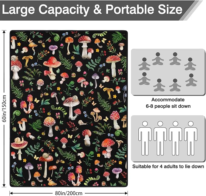 Mushroom Picnic Blankets Waterproof Foldable,60’‘x80'' Portable Dual Layers Outdoor Travel Camping Backpacking Hiking Beach Blanket Mat for Grass Padded Lawn Park Beach,Picnic Accessories