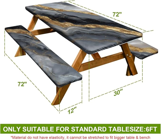 Picnic Table Cover with Bench Covers Set of 3 - Luxurious Black Gold Marble Glam Tablecloth, Elastic Fitted for 6 Ft Tables, Washable Polyester Cover for Patio, Indoor & Outdoor