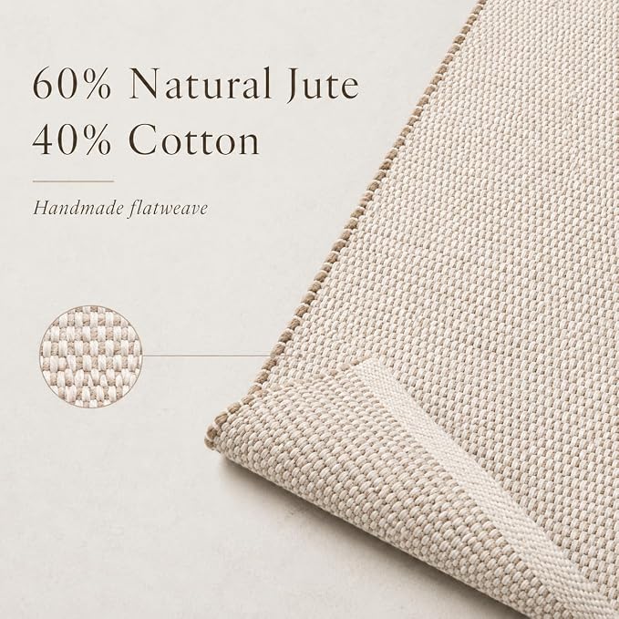 Jute Cotton Hand Woven Area Rug (6' x 9' Natural) | Farmhouse Area Rug for Living Room Bedroom Hallway Entryway Rustic Vintage Bohemian Décor