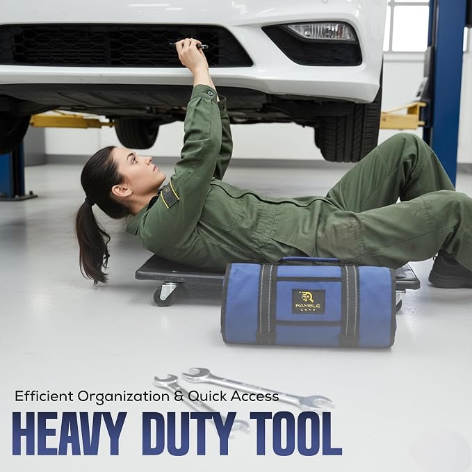 Roll Up Tool Bag Organizer – Heavy Duty Canvas Tool Roll Bag, Tool Roll Up with 5 Oversized Labeled Pockets & Carabiners, Portable Roll Up Tool Organizer for Mechanic, Truck & Car (Blue)