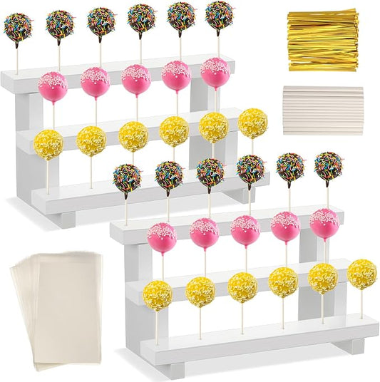 Tuanse 2 Pack Wooden Cake Pop Stand 3 Tier Cake Pop & Lollipop Display Holder with 100 Treat Bags Lollipop Sticks and Gold Twist Ties for Dessert Table Wedding Baby Shower Birthday Party(Wood)