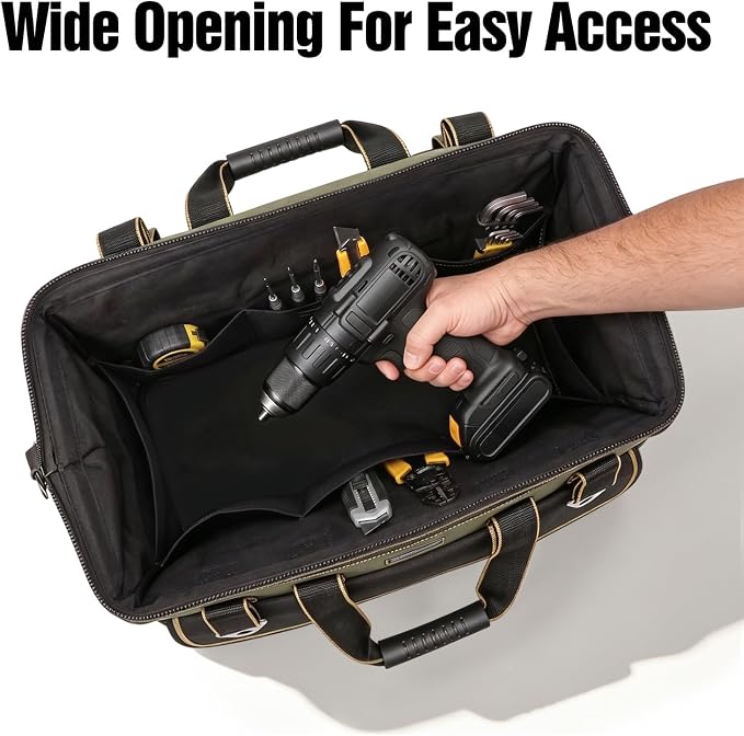 Tool Bag, Ounic 18 Inch Large Tool Tote Bag Heavy Duty With Waterproof Molded Base, Wide Mouth Tool Box Organizer with Adjustable Shoulder Strap for Electrician Mechanic Craftsman Plumbers(Coffee)