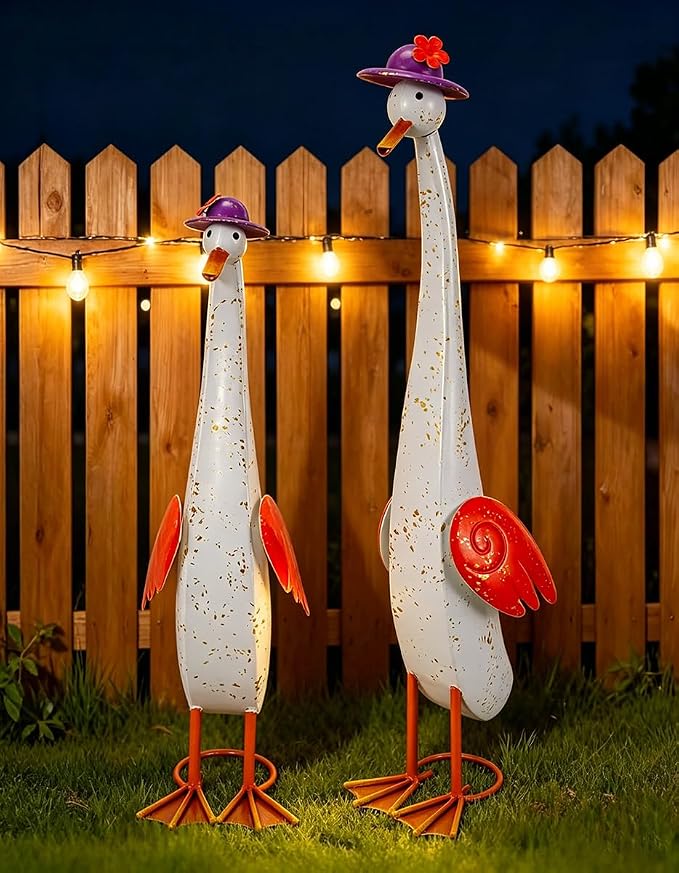 22" Duck Garden Statue Set of 2 Metal Ducks | Outdoor Yard Art Porch Animal Figurine Lawn Ornament Rustproof Yard Sculptures for Outside Patio Backyard Decorations