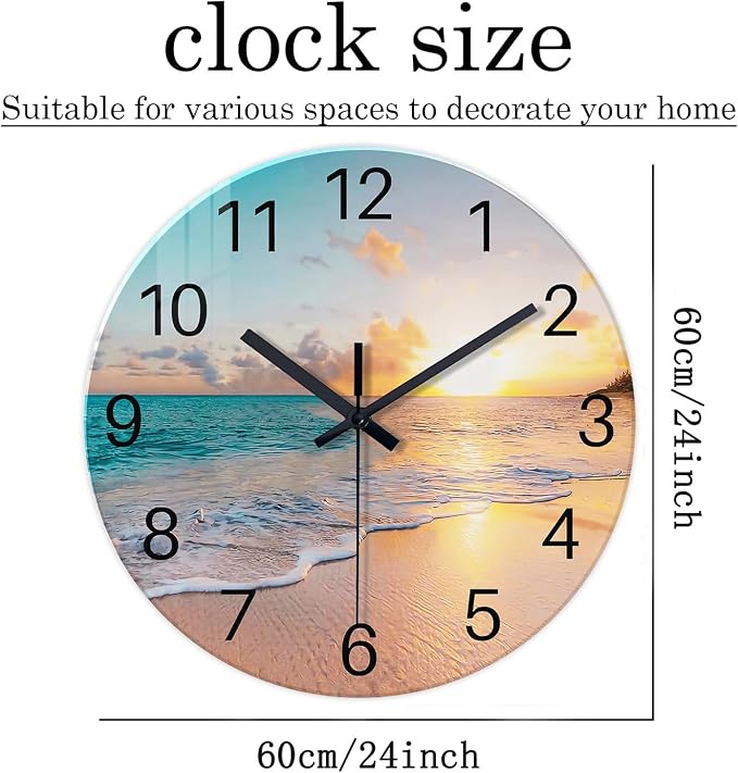 Round Extra Large Glass Wall Clock 24 Inch | Modern Beach Wall Clocks Battery Operated Silent Wall Clock for Living Room Bedroom Office Decor