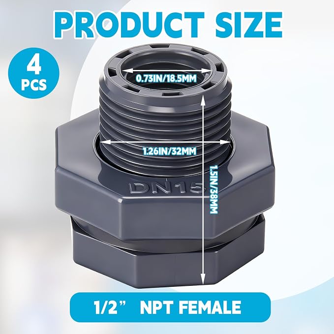 4 Pcs 1/2 Inch Bulkhead Fitting PVC Water Tank Connector Plumbing Pipe Threaded Bulkhead Fitting NPT for Rain Barrels, Water Tanks, Aquariums, Tubs, Pools