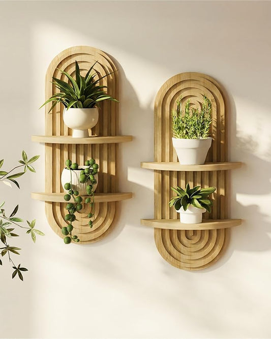 Bamworld Boho Wall Decor 2pcs Plant Wall Shelf, Mid Century Modern Decor Hanging Plant Shelf, 2-Tier Wooden Floating Shelves for Home, Bathroom Bedroom Living Room Holding Planter Decoration Natural