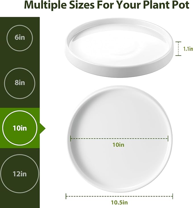 saffruff White Ceramic Plant Saucer 10 Inch, Sturdy Plant Pot Tray Plate for Flower Pots, Round Ceramic Saucer Tray to Catch Water Drip & Drainage, Indoor Outdoor Planter Base