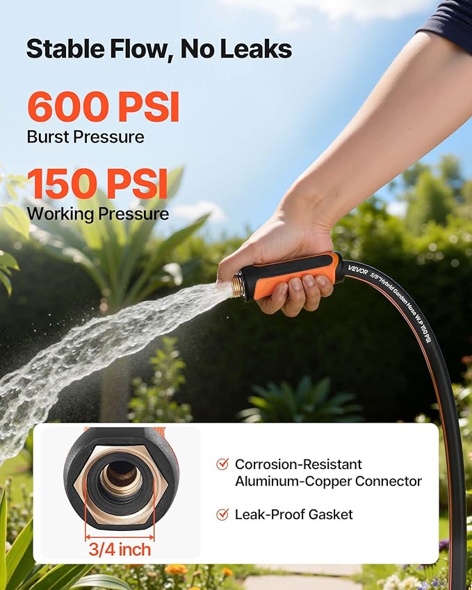 VEVOR Garden Hose, 75 ft 5/8" Heavy Duty 4-Layer Rubber Water Hose, 150PSI Working & 600PSI Burst, Flexible & Non-kink Outdoor Waterhose with 3/4" Fitting, Lightweight Hoses for Gardening Cleaning