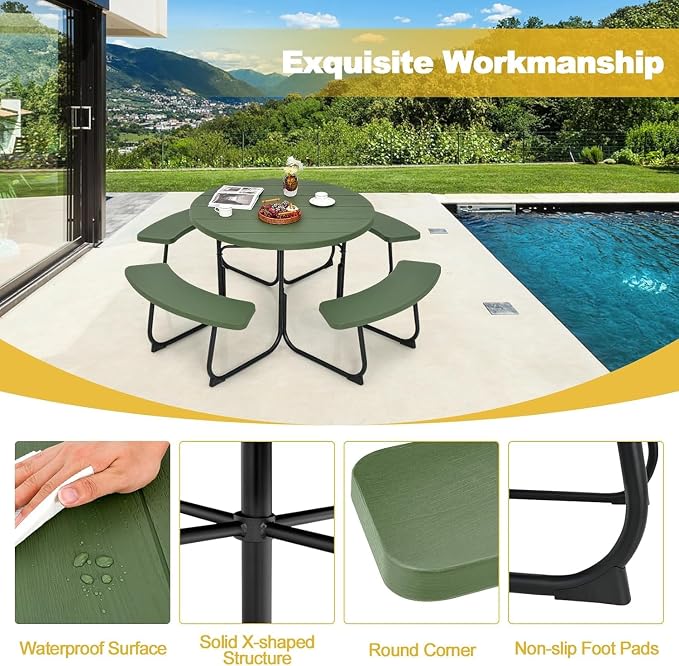 Round Picnic Table for Outdoors, 8 Person Outdoor Picnic Tables & Benches Set with Umbrella Hole, HDPE Tabletop & Metal Frame, 2000 LBS Capacity Table Bench Set for BBQ, Garden, Lawn, Patio