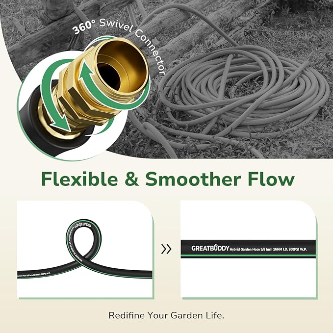 GreatBuddy Garden Hose 50 ft, 5/8" Flexible Rubber Water Hose, Heavy Duty, Lightweight Hose, Burst 600 PSI with Solid Brass Male to Female Fittings, Leakproof Hose for Backyard, Garden