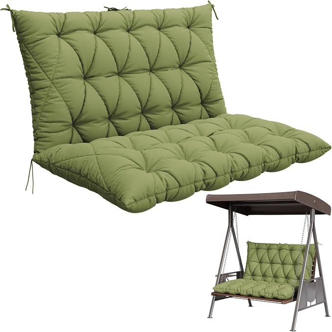 Porch Swing Cushion with Backrest,Waterproof Bench Cushion for Outdoor Furniture,2-3 Seater Replacement Thickened 5 in swing cushion,with Ties,Patio,Outdoor,Backyard and Garden (Light Green,47x40 in)