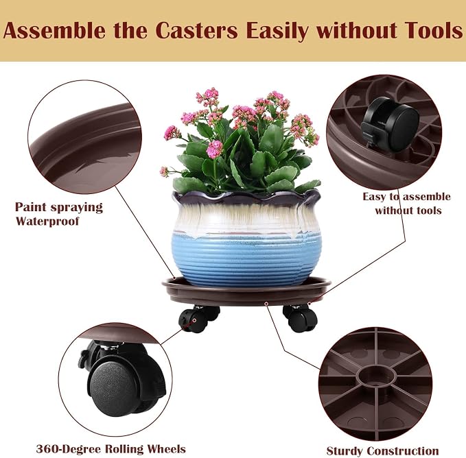 5 Packs Plant Caddy with Wheels 11.8" Plastic Rolling Plant Stands Heavy-Duty Plant Dolly with Casters Indoor Outdoor Wheeled Plant Roller Base Large Planter Saucers Plant Mover