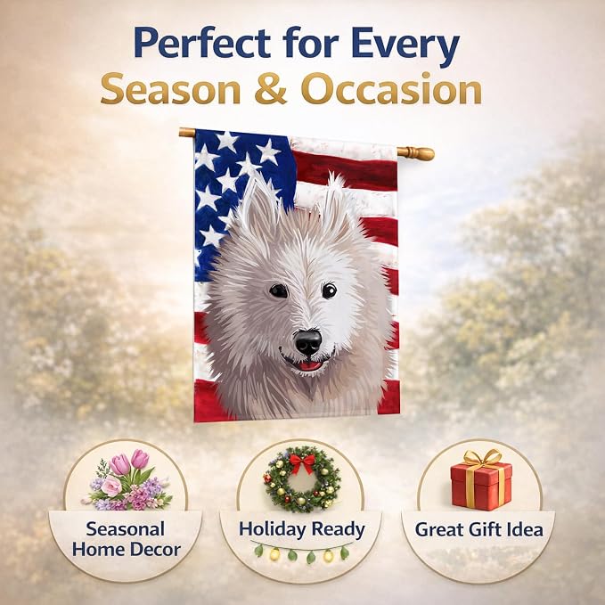 Caroline's Treasures CK6687CHF Samoyed Dog American Flag House Flag Large Porch Sleeve Pole Decorative Outside Yard Banner Artwork Wall Hanging, Polyester, House Size, Multicolor