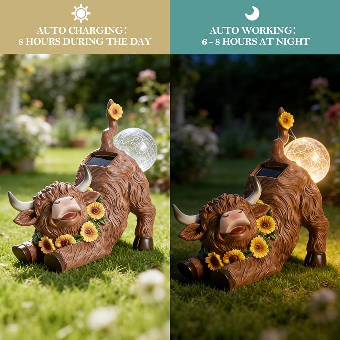 WDS WONDROUS Solar Highland Cow Outdoor Decor with LED Butt Light, Garden Cow Decorations for Home with Sunflowers, Resin Highland Cow Figurine Gifts for Women Yard Porch Decor Farmhouse Night Light