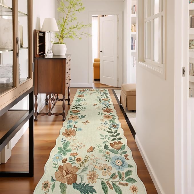 Lahome Floral Hallway Runner Rug Non Slip, 2'6''x10' Soft Washable Runner | Ultra-Thin Soft Hallway Rug Distressed Long Carpet for Entryway Bathroom Flore, Beige