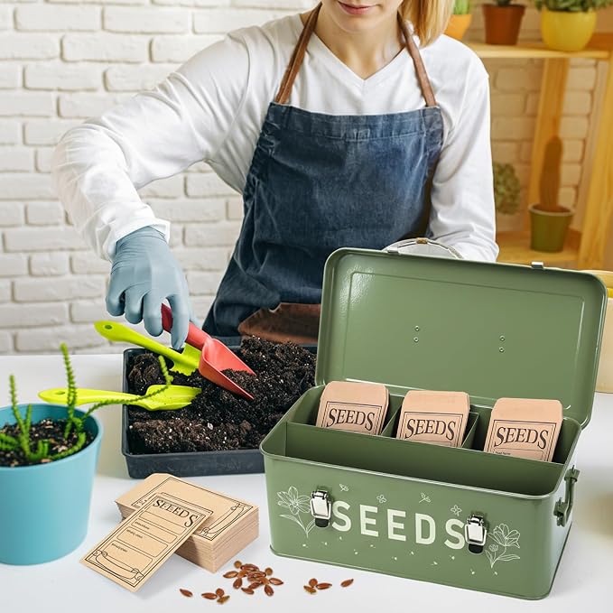 Seed box, Seed storage box, Garden seed organizer | 50 Seed Envelopes, 100 Plant Labels (5 Colors), 50 Plant Clips, 4 Compartments Garden Seed Bin with Safety Locks-Green