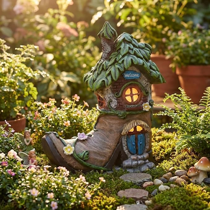 TERESA'S COLLECTIONS Boot Fairy House Garden Statues with Solar Outdoor Light, Resin Fairy Garden Accessories Outdoor Christmas Decorations Lawn Ornaments Yard Decor Thanksgiving Gifts for Mom, 8.5"