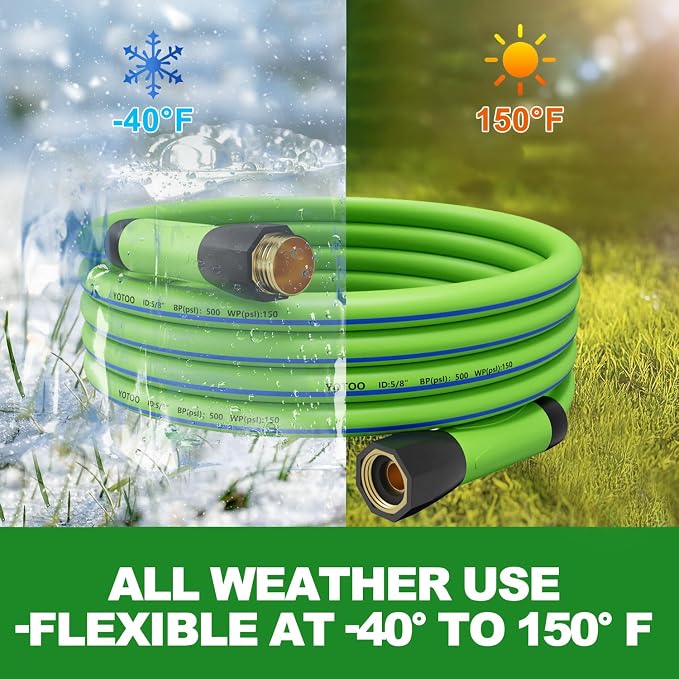 YOTOO Heavy Duty Hybrid Garden Water Hose 5/8-Inch by 100-Feet 150 PSI Kink Resistant, Flexible with Swivel Grip Handle and 3/4" GHT Solid Brass Fittings, Green+Blue